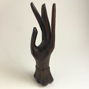 Vintage 8” Carved Wooden Hand with Fingers Ring and Jewelry Holder
